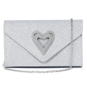 Silver Heart-Shaped Sparkly Evening Clutch for Weddings & Prom